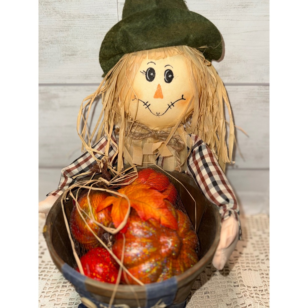 Harvest Scarecrow Shelf Sitter Fall Decor Pumpkin Bucket 15 Inch New with Tags